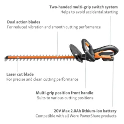 Worx WG260E.5 20V 2.0Ah Cordless Hedge Trimmer - 61cm -Deals A Sunlit Garden Store 13326412 9914900646513268