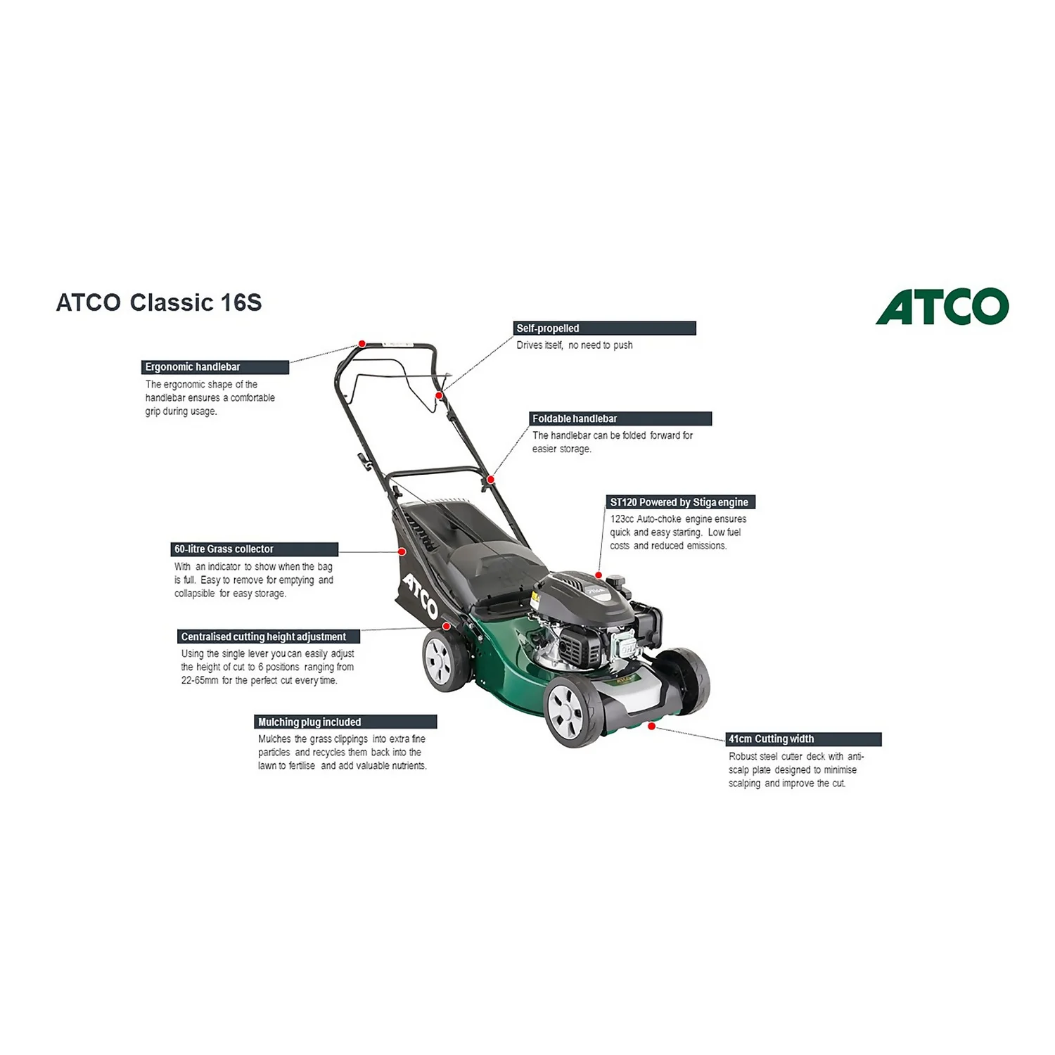 Atco 123ccc Classic 16S Petrol Lawn Mower - 41cm 3 Atco 123ccc Classic 16S Petrol Lawn Mower - 41cm - Image 3